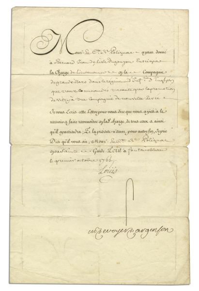 French Military Document Signed by King Louis XV -- Using His Masonic Signature