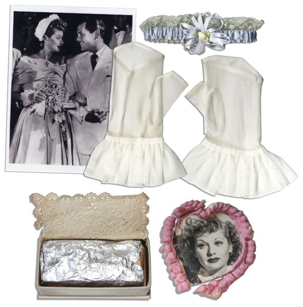 Lucille Ball Bridal Lot -- 5 Items From Her 1949 Church Wedding to Desi Arnaz -- Garter, Gloves, Photo and Cake Box -- With a COA from Lucy's Daughter
