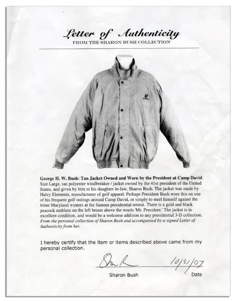 George H.W. Bush's Windbreaker Jacket Owned and Worn by the President at Camp David -- With a Copy of the LOA From Sharon Bush