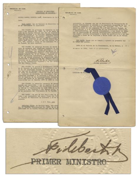 Fidel Castro Document Signed as Prime Minister of Cuba -- Also Initialed by Castro and Signed by Manuel Urrutia as President of Cuba