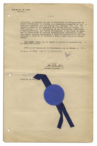 Fidel Castro Document Signed as Prime Minister of Cuba -- Also Initialed by Castro and Signed by Manuel Urrutia as President of Cuba