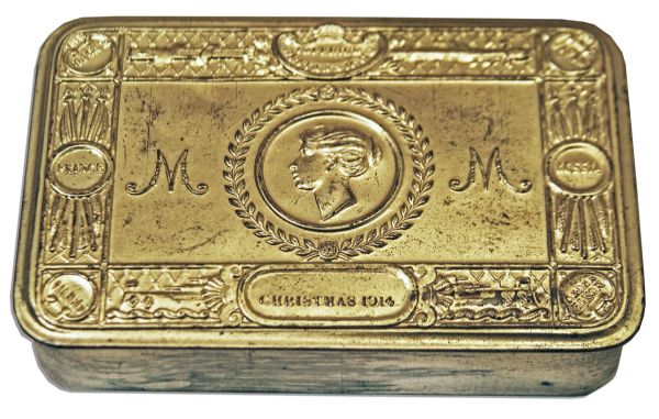 Elegant Gold Cigarette Tin Gifted By Princess Mary at Christmas 1914 -- With Her Christmas Card & Photo