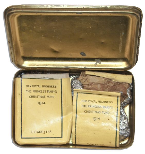 Elegant Gold Cigarette Tin Gifted By Princess Mary at Christmas 1914 -- With Her Christmas Card & Photo