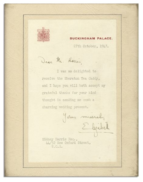 Queen Elizabeth Typed Letter Signed on Buckingham Palace Stationery -- ''...thanks for your kind thought in sending me such a charming wedding present...'' -- 1947