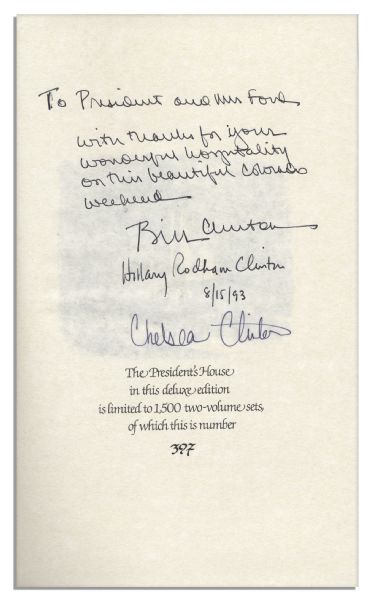 Bill, Hillary & Chelsea Clinton Signed Copy of ''The President's House: A History In Two Volumes'' -- Elegant Set Inscribed, Signed and Gifted By the Clintons to the Fords -- One of Just 1500