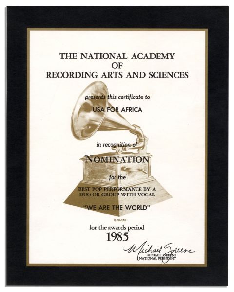 Michael Jackson's Very Own Grammy Nomination for ''We Are The World'' -- With a COA From Henry Vaccaro