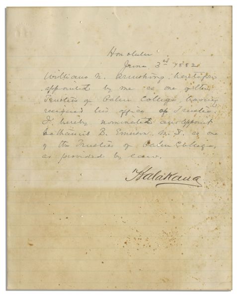 The Last King of Hawaii, Kalakaua Letter Signed From