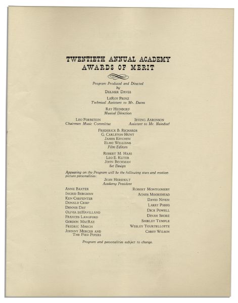 20th Academy Awards Program -- From The 1948 Ceremony Dominated by ''Gentleman's Agreement'' & ''Miracle on 34th Street''