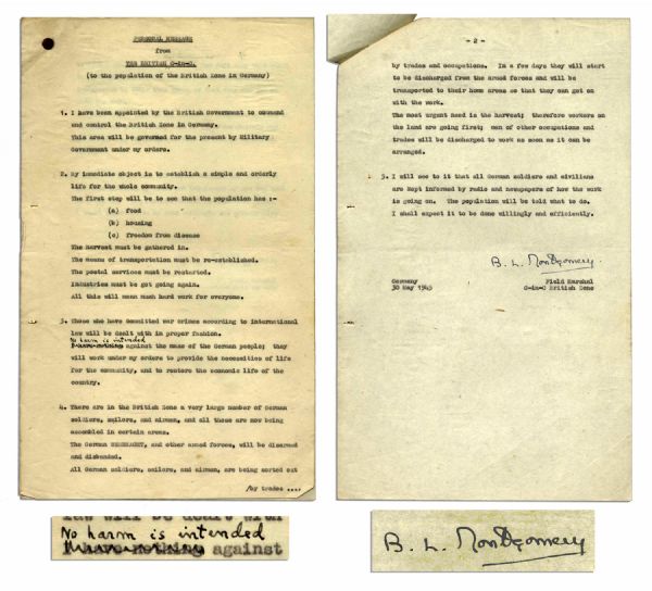 Bernard Montgomery Document Signed With Hand Annotations: ''No harm is intended against the mass of the German people'' -- Issuing Perhaps His First Message as Commander of Occupied Germany