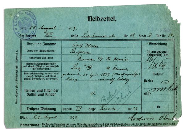 Adolf Hitler Signed & Handwritten Police Document From 1909 -- Hitler Here Changes His Address in Vienna Just 4 Months Before He Would Become Homeless