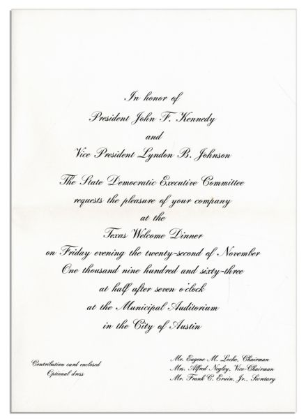 Invitation to Dinner Welcoming JFK to Texas the Night of His Assassination