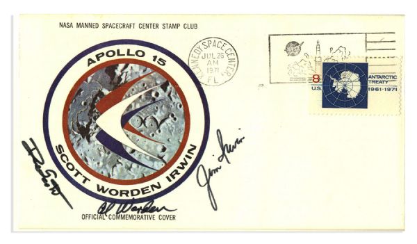 Apollo 15 Crew-Signed NASA Insurance Cover -- Signed by ''Al Worden'', ''Dave Scott'' & ''Jim Irwin'' -- Cancelled 26 July 1971 -- 6.5'' x 3.75'' -- Near Fine -- With COA From Worden