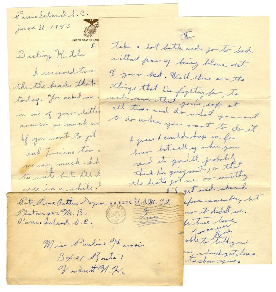 Rene Gagnon 1943 Autograph Letter Signed -- ''...If I was just here learning to use a rifle...just for the fun of going over there and killing that wouldn't make much sense...''