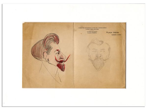 Pair of Sketches by Enrico Caruso of Fellow Opera Singer, Bass Legend Pol Plancon -- Sketched While On a South American Tour on Plaza Hotel Buenos Aires Stationery Circa 1917 