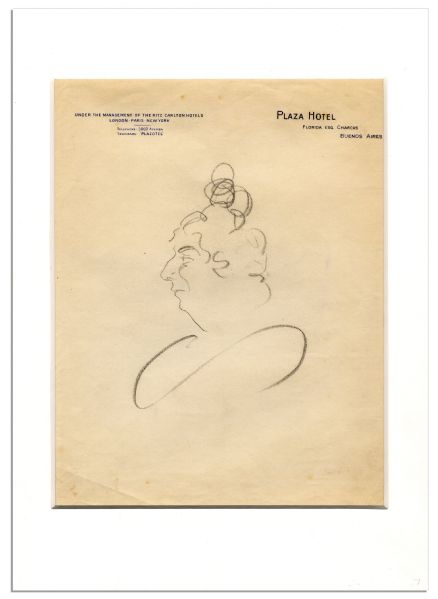 Enrico Caruso Sketch Drawn While on a South American Tour -- on Plaza Hotel Buenos Aires Stationery -- Circa 1917