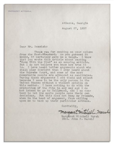 'Gone With The Wind'' Author Margaret Mitchell Typed Letter Signed -- ''...I have heard hotter arguments about who shall play Scarlett than I ever heard about the Supreme Court...''