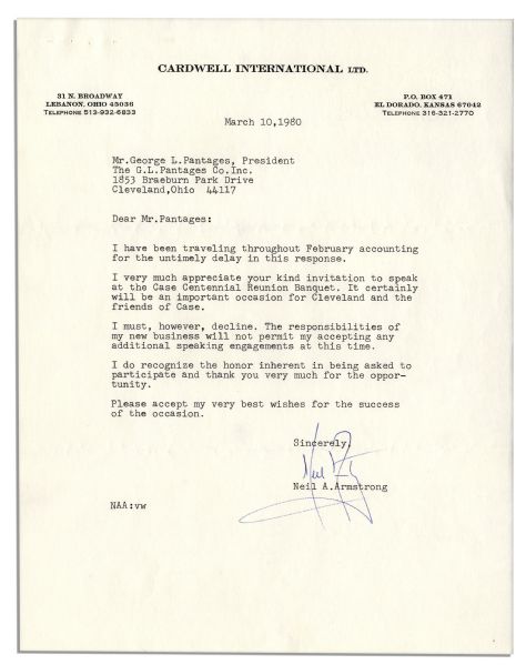 Neil Armstrong 1980 Typed Letter Signed