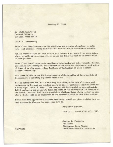 Neil Armstrong 1980 Typed Letter Signed