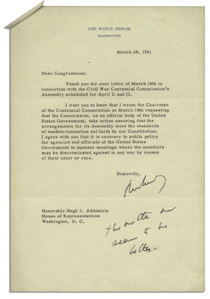 John F. Kennedy Letter Signed as President, Regarding Civil Rights -- ''...the standards of nondiscrimination set forth by our Constitution...'' -- With Autograph Postscript by JFK & PSA COA