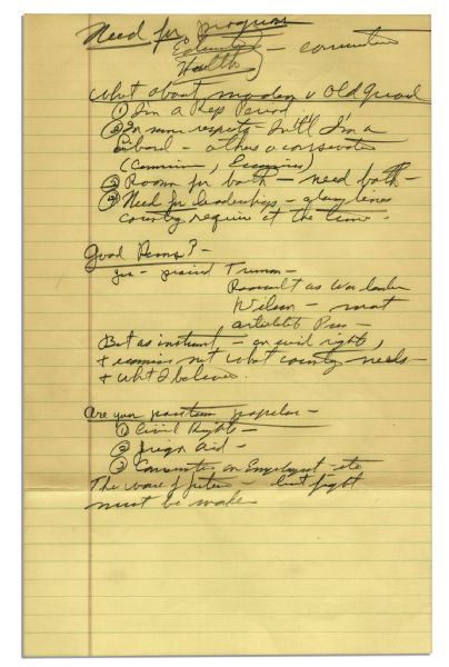Richard Nixon Handwritten Notes -- ''...modern v Old Guard / 1) I'm a Rep Period. / 2) In more respects - Intn'l I'm a / Liberal - others a conservative / (communism, Economics)...''