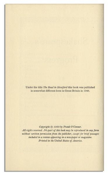 Limited Edition of ''Shakespeare's Progress'' by Frank O'Connor -- Fine
