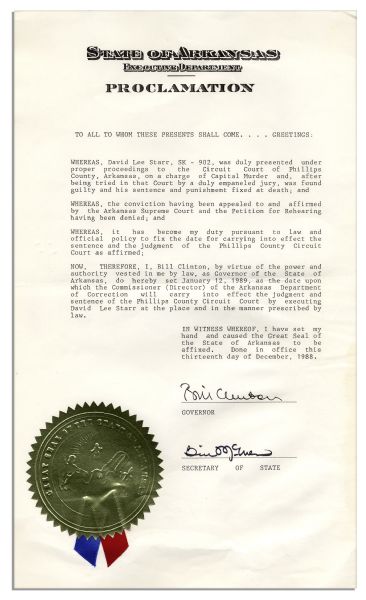 Bill Clinton Execution Order Document Signed as Governor of Arkansas
