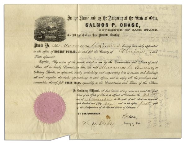 Salmon P. Chase, Lincoln's Treasury Secretary Document Signed as Ohio Governor