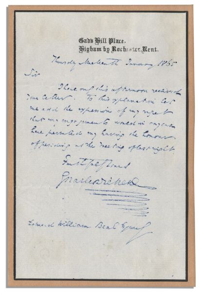 Charles Dickens Autograph Letter Signed -- ''...regret that my engagements would in any case have prevented my having the honor of presiding at the meeting of last night...''