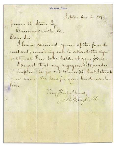 James A. Garfield Letter Signed in September of 1880 as Presidential Nominee