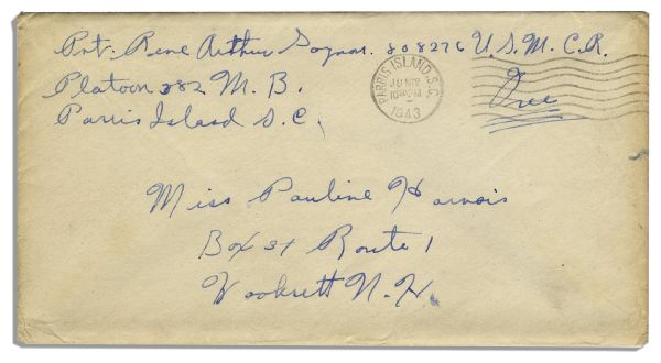Rene Gagnon Signed Envelope From 1943 While a WWII Marine -- With an Autograph Note on the Back