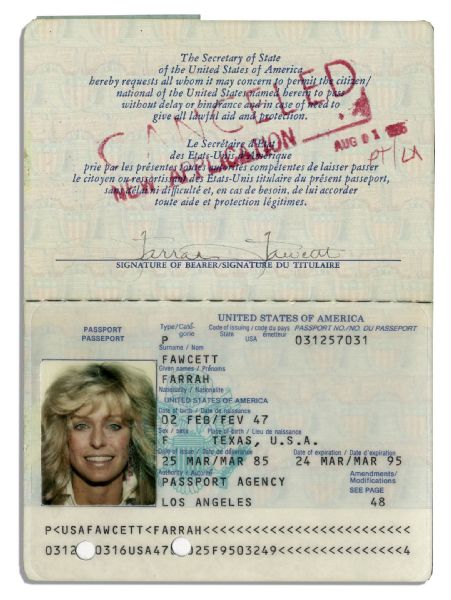 Farrah Fawcett's Passport -- Twice Signed & With Lovely Color Photo