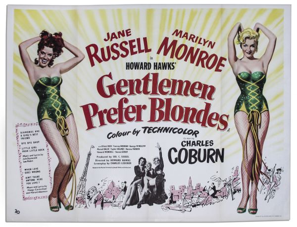 ''Gentlemen Prefer Blondes'' British Edition Quad Poster -- Measures 40'' x 30''