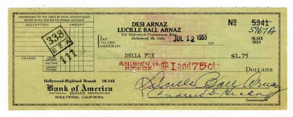 Lucille Ball Arnaz Signed Personal Check From 1955