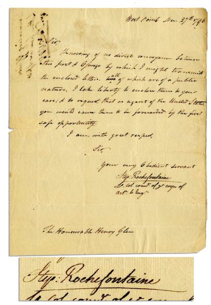 West Point Chief Engineer Stephen Rochefontaine Autograph Letter Signed -- From West Point in 1796, the Year of the West Point Fire