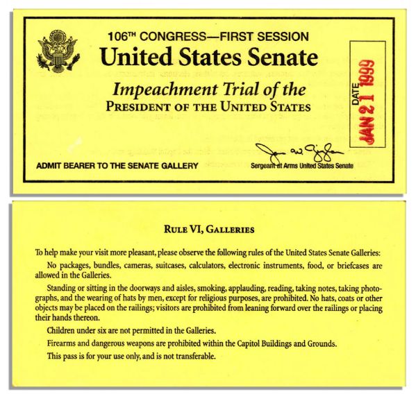 Bill Clinton Yellow Impeachment Trial Ticket