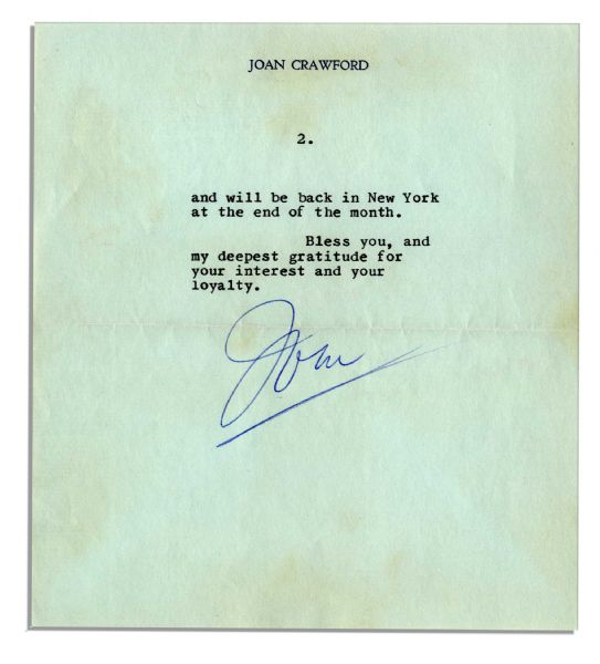 Joan Crawford Typed Letter Signed -- ''...Thank you...for sending me the photographs you took with your Polaroid camera during the Zane Grey Theatre television show...'' -- 1961