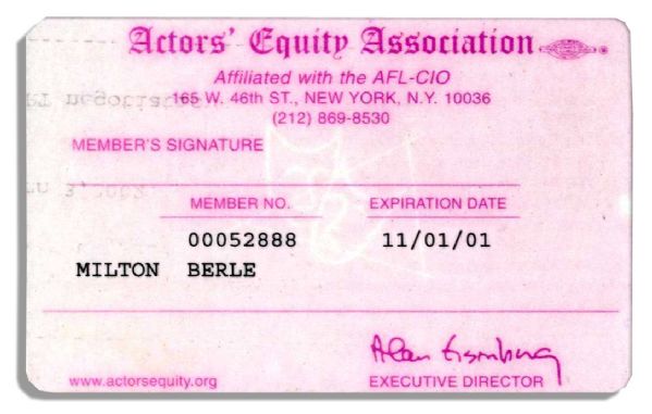 Milton Berle, aka ''Mr. Television'' Actors' Equity Association Membership Card