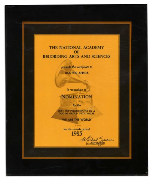 Michael Jackson's 1985 Grammy Award Nomination Certificate for His Performance in USA For Africa's Hit Charity Single ''We Are The World''