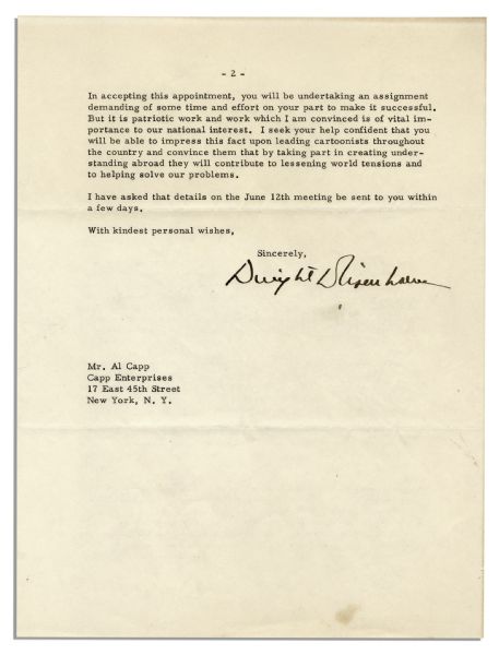 Dwight Eisenhower Letter Signed as President to Al Capp -- ''...we must wage peace with all the vigor...of wartime...cartoonists...contribute to lessening [Cold War] world tensions...''