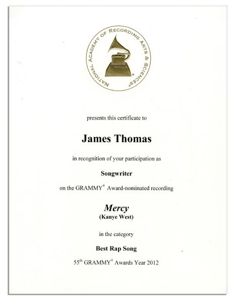 Grammy Award Nomination Certificate for Kanye West's Song ''Mercy'' -- Fine