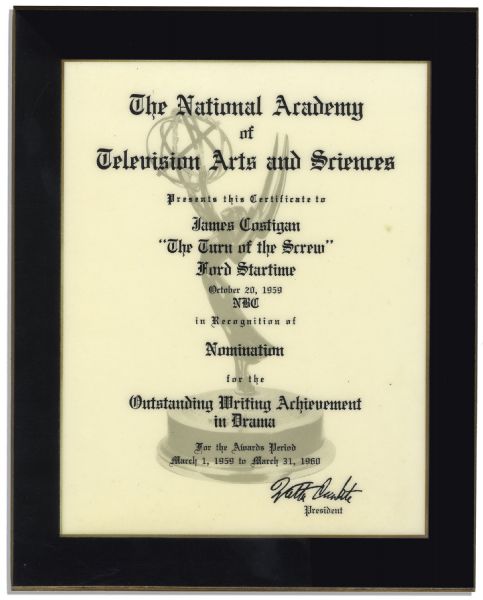 Emmy Nomination Certificate From 1959 -- James Costigan's Nomination for Writing ''The Turn of the Screw''