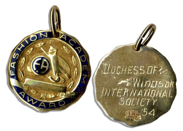 Duchess of Windsor Wallis Simpson Personally Owned Fashion Academy Award Medallion -- Inscribed to Verso, ''Duchess of Windsor International Society '54''