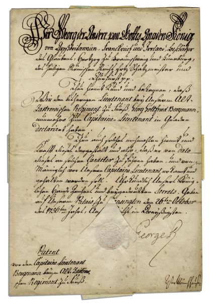 King George II Military Appointment Signed From The Seven Years' War -- ''...to lead his regiment in such a manner that he will be respected in turn for his valor and manliness...''
