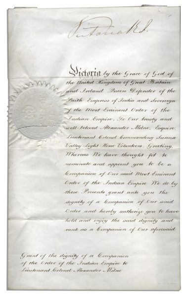 Queen Victoria Document Signed Appointing Sir Alexander Milne to ''The Most Eminent Order of the Indian Empire''