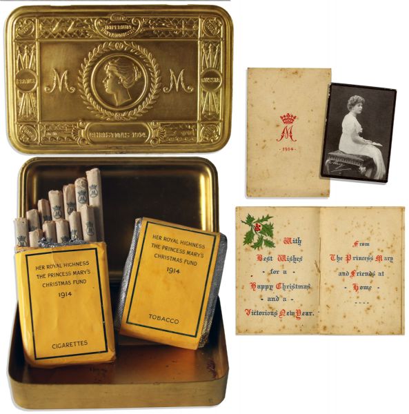 Princess Mary's Christmas Gift To Servicemen During WWI -- Cigarette Tin From 1914 Filled With Its Original Gift Contents