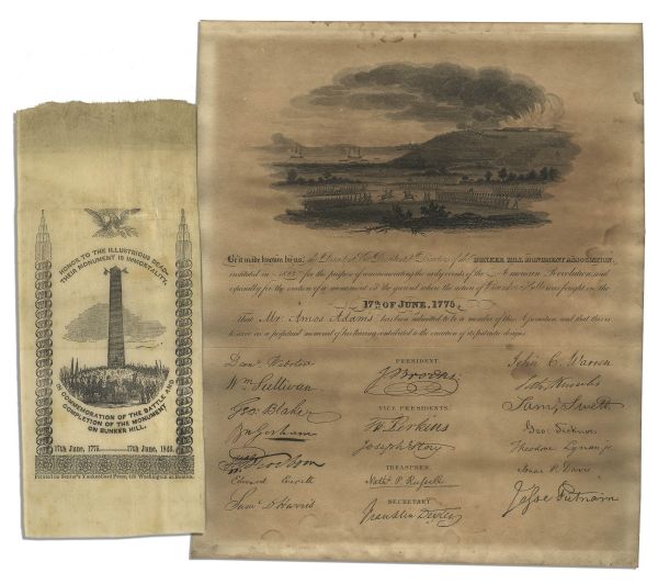Collection of Documents From the Battle Rare Bunker Hill Lot 1823 BH Monument Association Signed Framed Document Ribbon