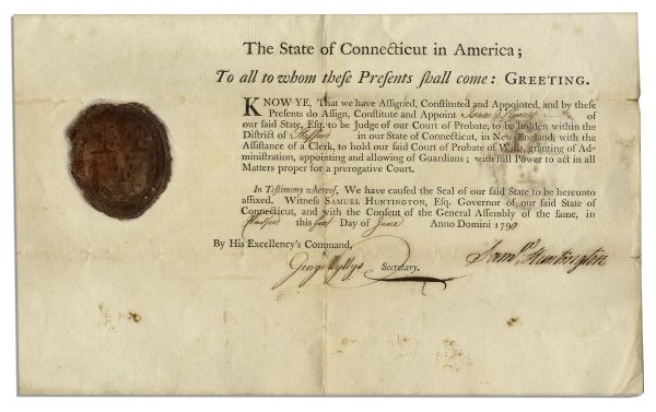 DOI Signer Samuel Huntington 1790 Document Signed as Governor of Connecticut