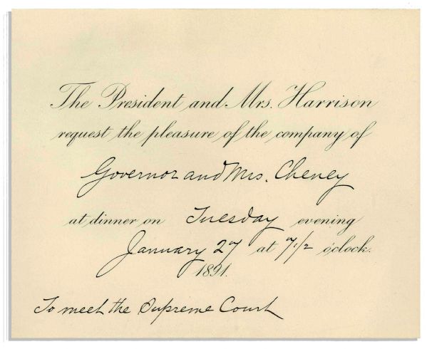 President Benjamin Harrison 1891 Dinner Invitation Addressed to New Hampshire Governor Person Colby Cheney