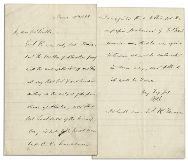 1868 Letter on Alaska Purchase & Ulysses S. Grant -- ''...Grant has said nothing on the...purchase of Alaska...impression produced by Genl Grant's enemies...should be counteracted...''
