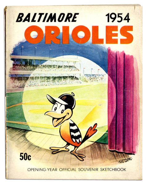 1954 Baltimore Orioles Official 48pp. Softcover Yearbook From the Team's Inaugural Season -- Pages Separated From Staples, Toning & Abrasion to Back Cover -- Good Condition